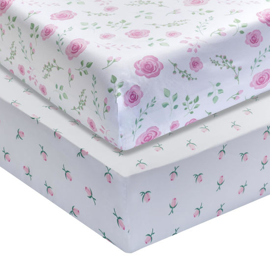 Picture of EVERYDAY KIDS 2 Pack Fitted Girls Crib Sheet, 100% Soft Breathable Microfiber Baby Sheet, Fits Standard Size Crib Mattress 28in x 52in, White and Pink Nursery Sheets with Flowers, Roses and Rosebuds