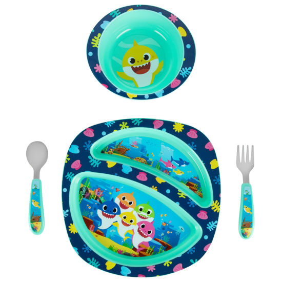 Picture of The First Years Baby Shark Dinnerware Set - Toddler Plates and Bowls Set - Includes 1 Toddler Plate, Toddler Bowl, and Toddler Fork and Spoon - 4 Count