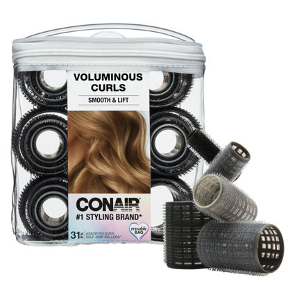 Picture of Conair Heatless Curlers 31 Count - Heatless Curls Overnight, Assorted Sizes - Self Grip Hair Rollers - Hair Styling Tools - Black & Gray - w/Storage Case