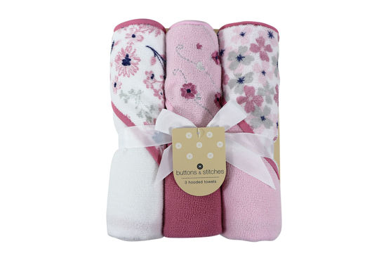 Picture of Cudlie Buttons & Stitches Baby Girl 3 Pack Rolled/Carded Hooded Towels in Crisp Blossom Print (GS71728)