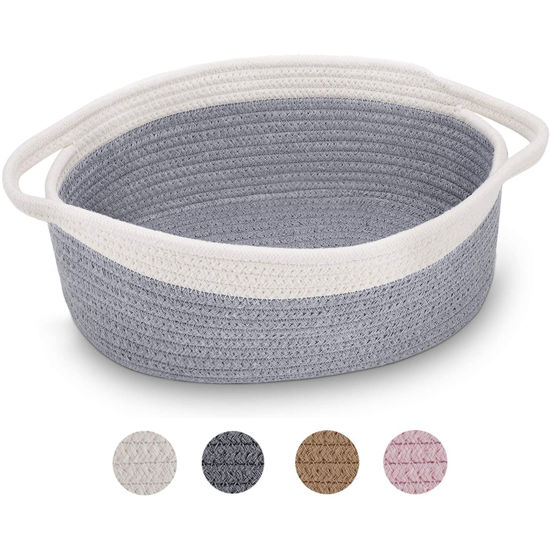 Picture of ABenkle Small Woven Basket, 12"x 8" x 5" Cute Rope Room Shelf Storage Basket, Cat Dog Toys Chest Box, Empty Decorative Gift Basket with Handles - Grey