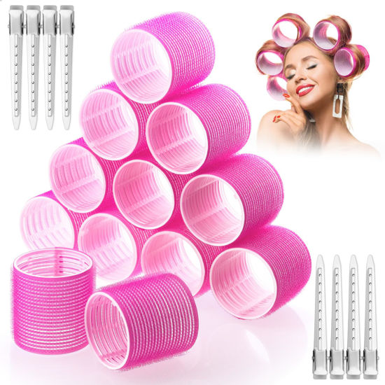 Picture of Jumbo Hair Curlers Self-Grip Rollers, 60mm Large Rollers with Clips for Long, Thick Straight Hair (Rose Red) - Hair Curlers Rollers