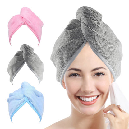 Picture of Ultra Plush Microfiber Hair Towel Wrap for Women, 3 Pack 10 inch X 26inch Purple, Ultra Absorbent Twist Hair Turban Drying Cap Hair Wrap, For Drying Curly, Long & Thick Hair (Gray+Blue+Pink)