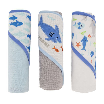 Picture of Cudlie Buttons & Stitches Baby Boy 3 Pack Rolled/Carded Hooded Towels in Jawsome Print (GS71723)