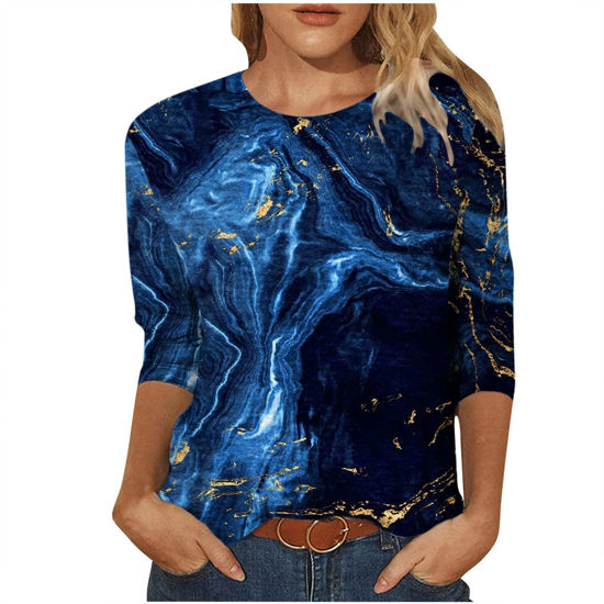 Picture of Summer 3/4 Sleeve T Shirt Landscape Painting Pattern Top for Womens Three Quarter Sleeve Pullover Round Neck Tee