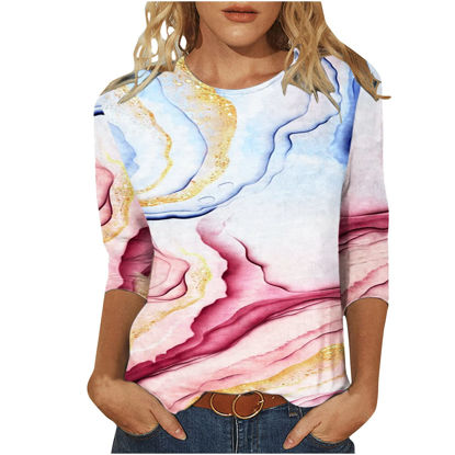 Picture of Summer 3/4 Sleeve T Shirt Cute Floral Pattern Top for Womens Three Quarter Sleeve Pullover Round Neck Tee