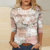 Picture of Summer 3/4 Sleeve T Shirt Cute Floral Pattern Top for Womens Three Quarter Sleeve Pullover Round Neck Tee