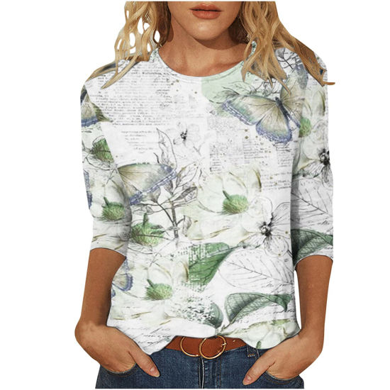 Picture of Summer 3/4 Sleeve T Shirt Cute Floral Pattern Top for Womens Three Quarter Sleeve Pullover Round Neck Tee