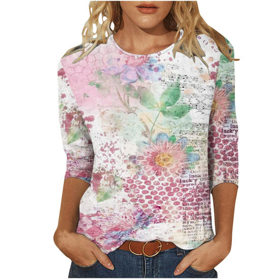 Picture of Summer 3/4 Sleeve T Shirt Cute Floral Pattern Top for Womens Three Quarter Sleeve Pullover Round Neck Tee