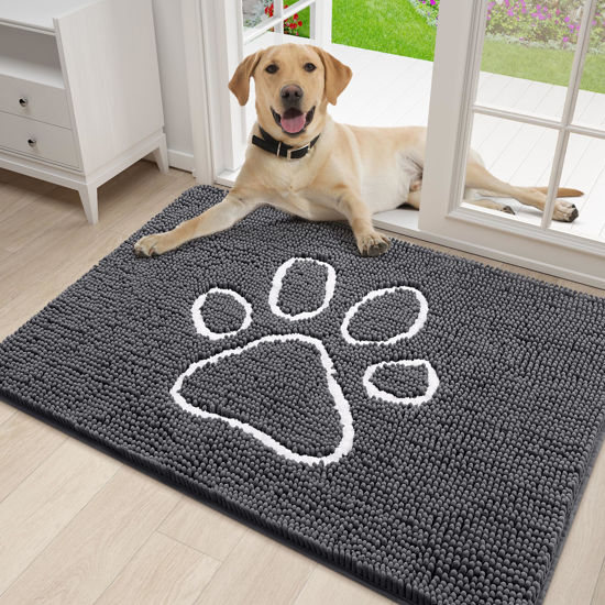 Picture of Smiry Dog Door Mat for Muddy Paws, Absorbent Dirt Trapper Non-Slip Washable Mat, Quick Dry Chenille, Mud Mat for Dogs, Entry Indoor Door Mat for Inside Floor (30x20 Inches, Dark Grey)