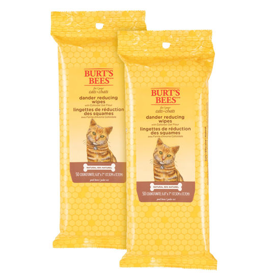 Picture of Burt's Bees for Pets Cat Naturally Derived Dander Reducing Wipes - Kitten and Cat Wipes for Grooming - Cruelty Free, Formulated without Sulfates and Parabens, Made in the USA, 50 Count - 2 Pack