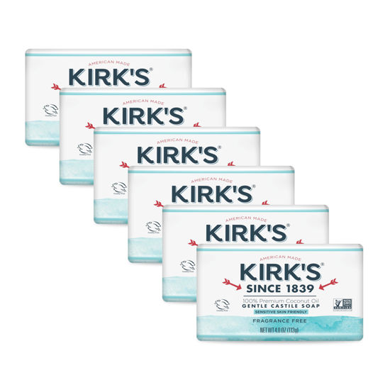 Picture of Kirk's Castile Bar Soap for Men, Women & Children - Made with Premium Coconut Oil, Sensitive Skin Formula- Vegan & Non GMO- Fragrance Free- 4 oz. Bars 6 Pack