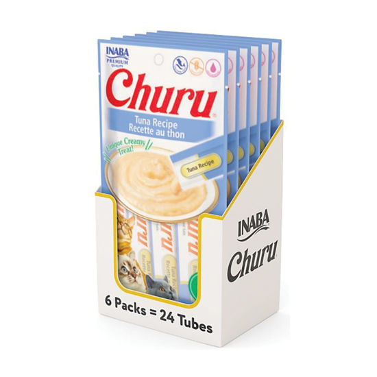 Picture of INABA Churu Cat Treats, Grain-Free, Lickable, Squeezable Creamy Purée Cat Treat/Topper with Vitamin E & Taurine, 0.5 Ounces Each Tube, 24 Tubes (4 per Pack), Tuna Recipe