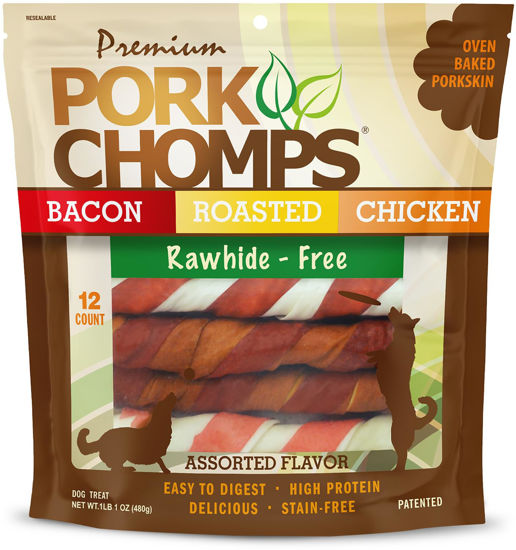 Picture of Pork Chomps Baked Pork Skin Dog Chews, 6-inch Twists, Assorted Flavors, 12 Count