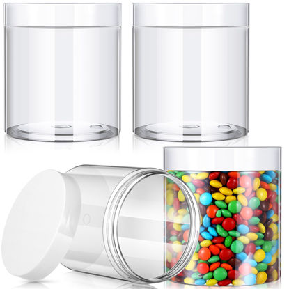 Picture of 4 Pieces Round Clear Wide-mouth Leak Proof Plastic Container Jars with Lids for Travel Storage Makeup Beauty Products Face Creams Oils Salves Ointments DIY Making or Others (White,16 Ounce)