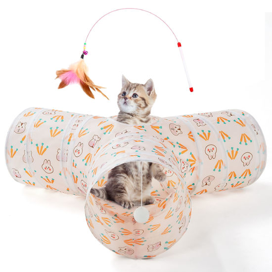 Picture of Tempcore Pet Cat Tunnel Tube Cat Toys 3 Way Collapsible, Cat Tunnels for Indoor Cats，Kitty Tunnel Bored Cat Pet Toys Peek Hole Toy Ball Cat, Puppy, Kitty, Kitten, Rabbit