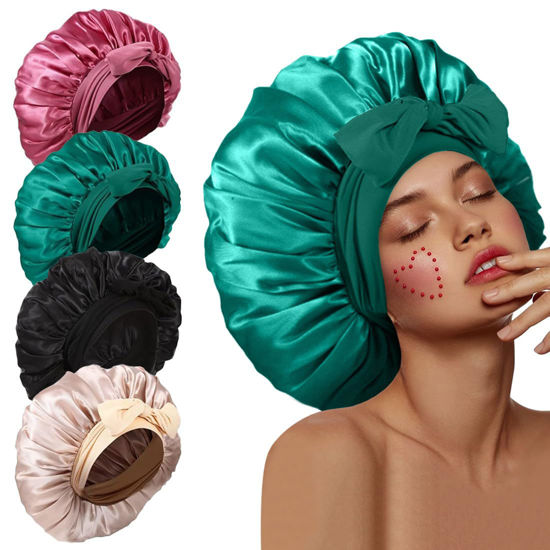 Picture of 4Pcs Silk Bonnet for Sleeping, Satin Hair Bonnets for Sleeping Black Curly Hair Women Extra Large Jumbo Bonnet with Tie Band Braids shower cap