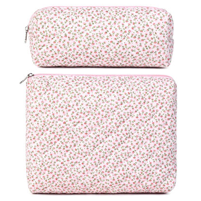 Picture of SOIDRAM 2 Pcs Quilted Makeup Bag Floral Cosmetic Bag Cotton Large Travel Coquette Toiletry Puffer Bag Aesthetic Cute Glossier Makeup Bag for Women Girls