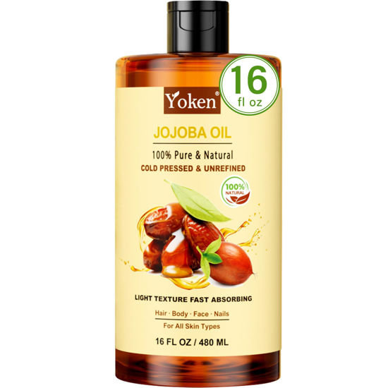 Picture of Yoken Pure Jojoba Oil 16 fl oz - 100% Natural Jojoba Oil for Hair, Skin & Face, Cold Pressed Unrefined, Deeply Moisturizing Jojoba Carrier Oil for Essential Oils Mixing, Soap Making