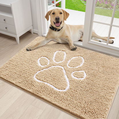 Picture of Smiry Dog Door Mat for Muddy Paws, Absorbent Dirt Trapper Non-Slip Washable Mat, Quick Dry Chenille, Mud Mat for Dogs, Entry Indoor Door Mat for Inside Floor (30x20 Inches, Beige)