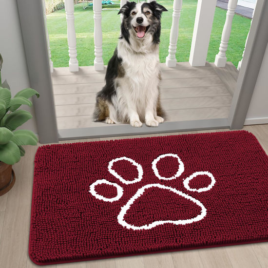 Picture of Smiry Dog Door Mat for Muddy Paws, Absorbent Dirt Trapper Non-Slip Washable Mat, Quick Dry Chenille, Mud Mat for Dogs, Entry Indoor Door Mat for Inside Floor (24x16 Inches, Burgundy)