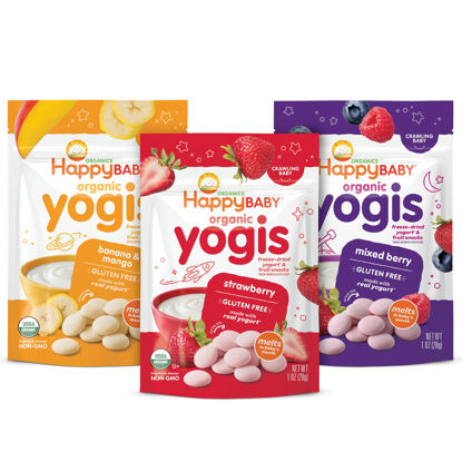 Picture of Happy Baby Organics Baby Snacks, Yogis, Freeze Dried Yogurt & Fruit Snacks, Gluten Free Snack for Babies 9+ Months, 3 Flavor Variety Pack, 1 Ounce (Total Pack of 3)