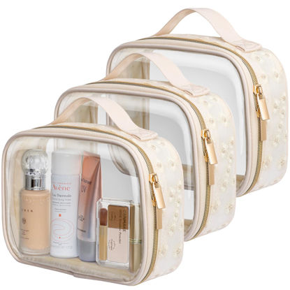 Picture of PACKISM Floral Texture TSA Approved Toiletry Bag - 180° Large Opening Clear Makeup Bags with Handle, Easily Access, Quart Size Travel Bag TSA Approved, Thick Non-deformable No Smell, Beige