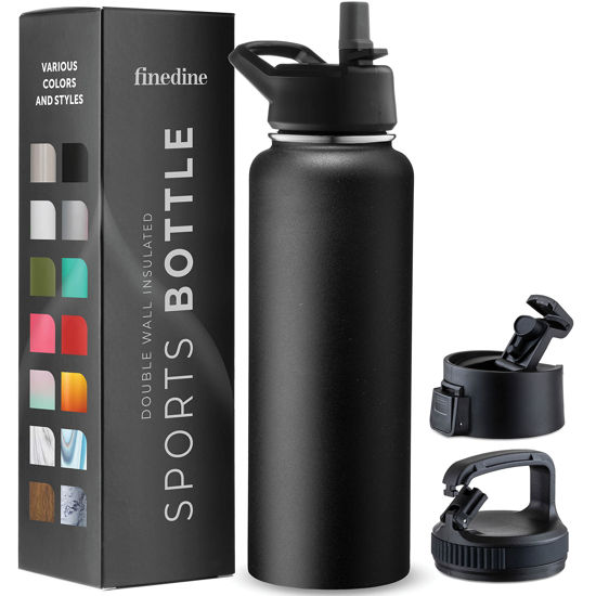 Picture of FineDine Triple Walled, Insulated Water Bottles with Straw - 40 Oz Stainless Steel Metal Bottle W/ 3 Leak Proof Lids - For Travel, School, Sports, Gym/Men, Women & Kids - Inky Raven Black