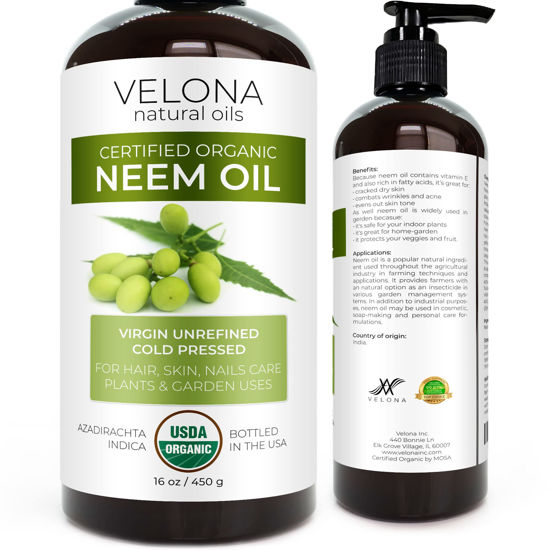 Picture of velona Neem Oil USDA Certified Organic - 16 fl oz | 100% Pure and Natural Carrier Oil | Virgin, Unrefined, Cold Pressed | Hair, Body and Skin Care | Use Today - Enjoy Results