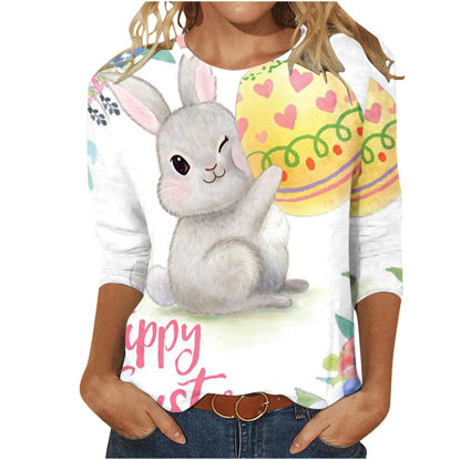 Picture of Easter Day 3/4 Sleeve T Shirt Tops for Women Cute Bunny Eggs Graphic Top Three Quarter Sleeve Pullover Round Neck Tee