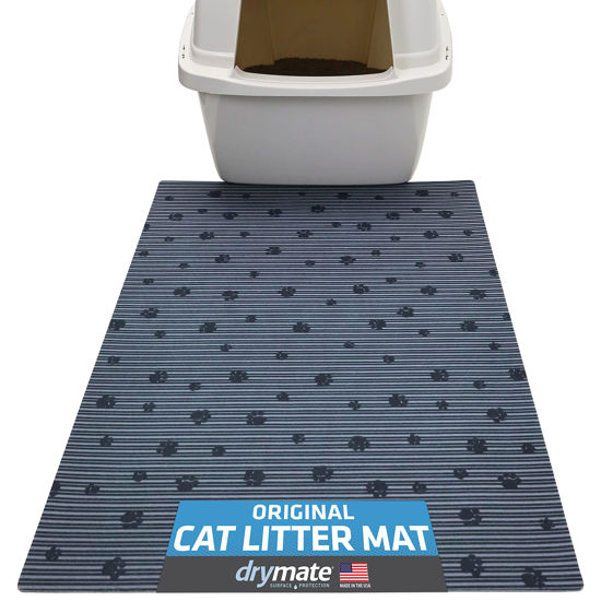 Picture of Drymate Original Cat Litter Mat, Contains Mess from Box, Protects Floors, Urine-Proof, Machine Washable, Soft on Kitty Paws, Absorbent, Waterproof (USA Made, Recycled Content) (20”x28”)(GreyStripePaw)