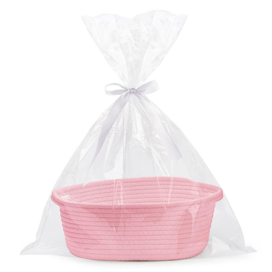 Picture of Pro Goleem Small Woven Basket with Gift Bags and Ribbons Durable Baskets for Gifts Empty Small Rope Basket for Storage 12"X 8" X 5" Baby Toy Basket with Handles, Pink