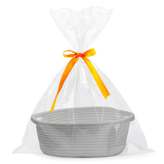 Picture of Pro Goleem Small Woven Basket with Gift Bags and Ribbons Durable Baskets for Gifts Empty Small Rope Basket for Storage 12"X 8" X 5" Baby Toy Basket with Handles, Gray