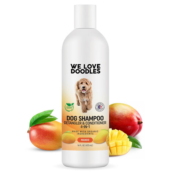 Picture of USDA Organic Dog Shampoo, Conditioner & Detangler - Best Shampoo for Goldendoodles, Poodles & Doodles - Pet Shampoo For Matted Hair - Sensitive Skin Shampoo for Puppies - Made In The USA, 16OZ (Mango)