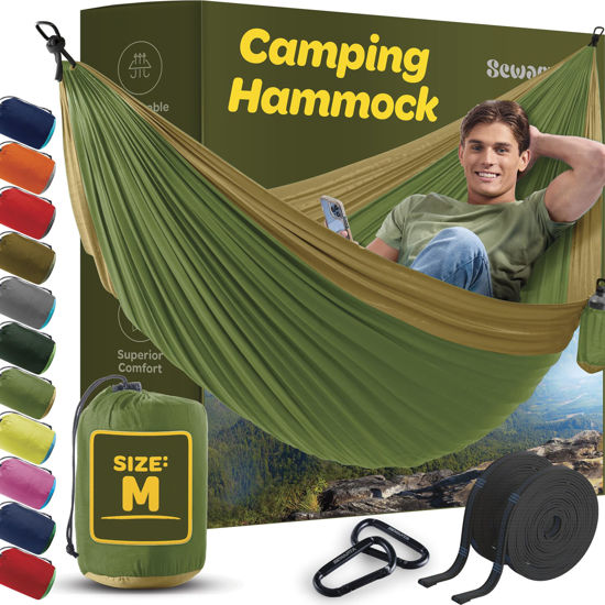 Picture of Durable Hammock 400 lb Capacity, Nylon Camping Hammock Chair - Double or Single Sizes w/Tree Straps and Attached Carry Bag - Portable for Travel/Backpacking/Beach/Backyard (Medium, Khaki & Army Green)