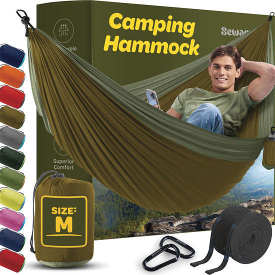 Picture of Durable Hammock 400 lb Capacity, Nylon Camping Hammock Chair - Double or Single Sizes w/Tree Straps and Attached Carry Bag - Portable for Travel/Backpacking/Beach/Backyard (Medium, Khaki & Dark Green)