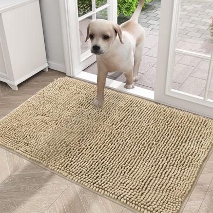 Picture of OLANLY Dog Door Mat for Muddy Paws 30x20, Absorbs Moisture and Dirt, Absorbent Non-Slip Washable Mat, Quick Dry Chenille, Mud Mat for Dogs, Entry Indoor Door Mat for Inside Floor, Beige