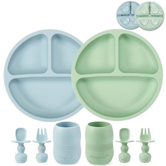 Picture of PandaEar Silicone Baby Feeding Set| 2 Pack Silicone Divided Suction Plate and 2 Pack Tiny Cup with 2 Spoons 2 Forks| Baby Led Weaning Supplies Self Feeding Eating Utensils (Blue/Green)