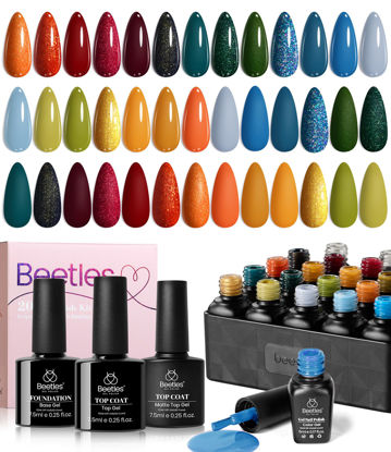 Picture of beetles Gel Polish 23Pcs Gel Colors Red Green Blue Orange Burgundy Fall Gel Nail Polish Set with Base Gel Top Coat Soak off Uv Golden Glitter Nail Kit Gifts for Women