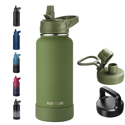 Picture of RUBYFLASK 32oz Insulated Water Bottle with Straw, Stainless Steel Metal Vacuum Water Flask, Large Thermos Water bottle with Leakproof 3 Lids for Travel, Camping, Gym Sports Armygreen