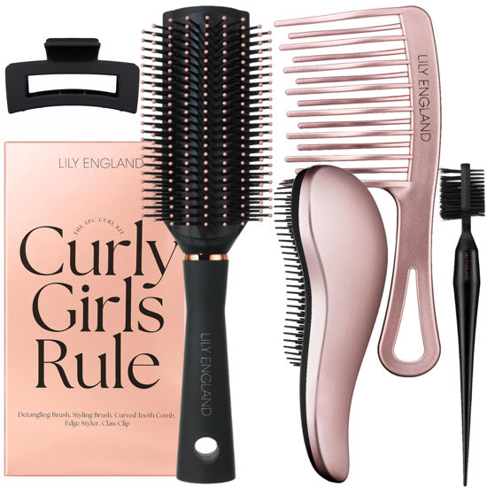 Picture of Lily England Curly Hair Brush Set - For Kids & Women with Detangler, Wide Tooth Comb, Edge Brush & Claw Clip - The Ideal Gift