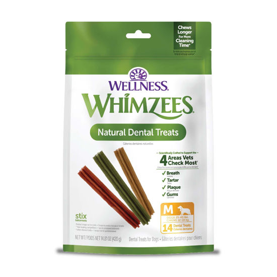 Picture of WHIMZEES by Wellness Stix Natural Dental Chews for Dogs, 3X Longer Lasting & Grain-Free, Freshen Breath & Fight Plaque & Tartar, Medium Breed, 14 Count