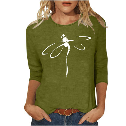 Picture of Summer Dragonfly Graphic Print 3/4 Sleeve Dressy T Shirts Top for Womens Three Quarter Sleeve Pullover Round Neck Tee