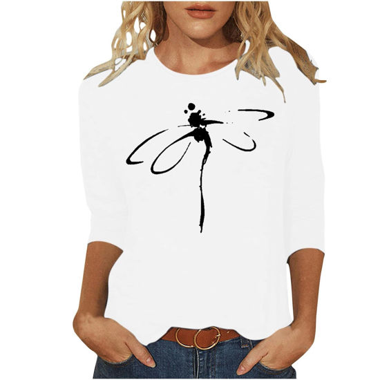 Picture of Summer Dragonfly Graphic Print 3/4 Sleeve Dressy T Shirts Top for Womens Three Quarter Sleeve Pullover Round Neck Tee