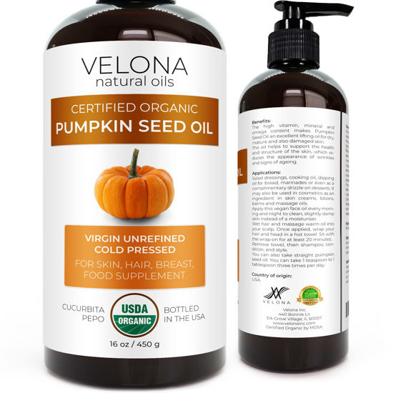 Picture of velona Pumpkin Seed Oil USDA Certified Organic - 16 fl oz | 100% Pure and Natural Carrier Oil | Unrefined, Cold Pressed | Cooking, Face, Hair, Body & Skin Care | Use Today - Enjoy Results