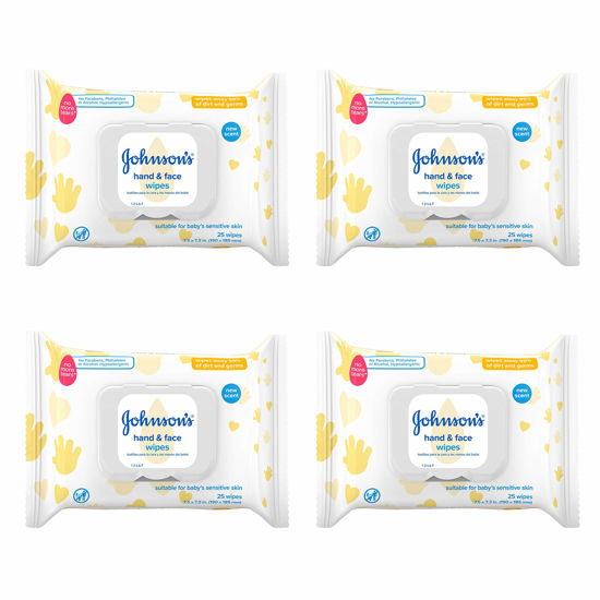 Picture of Johnson's Baby Hand & Face Baby Sanitizing Cleansing Wipes for Travel and On-The-Go, No More Tears Formula, Paraben and Alcohol Free, 25 ct, Case of 4