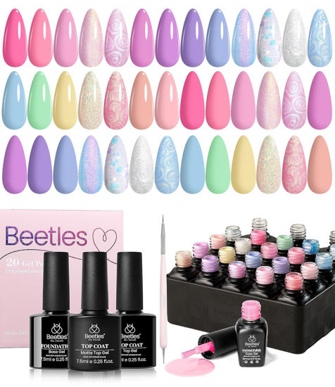 Picture of Beetles 24Pcs Gel Nail Polish Set, Pink Purple Pearl Pastel Blue Shimmer Chameleon Green Colors 2024 Gel Polish Kit, 3Pcs Base Gel Top Coat and Double-ended Brush Soak off UV Gel