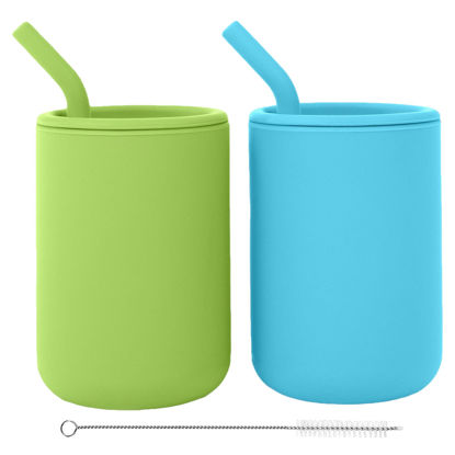 Picture of WeeSprout Silicone Baby Cups With Straws and Lids, 4 & 8 oz Options, Set of 2, Food Grade Toddler Training Container, Built In Straw Stoppers, Measurement Markings, Dishwasher Safe + Straw Cleaner