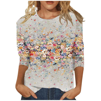 Picture of 3/4 Sleeve Shirts for Women Summer Floral Print Tunic Petite Tops for Women Petite Length Crewneck Slim Fit Half Sleeve New Edition T Shirts for Women Vintage Spring Womens Blouses and Tops Gray XL