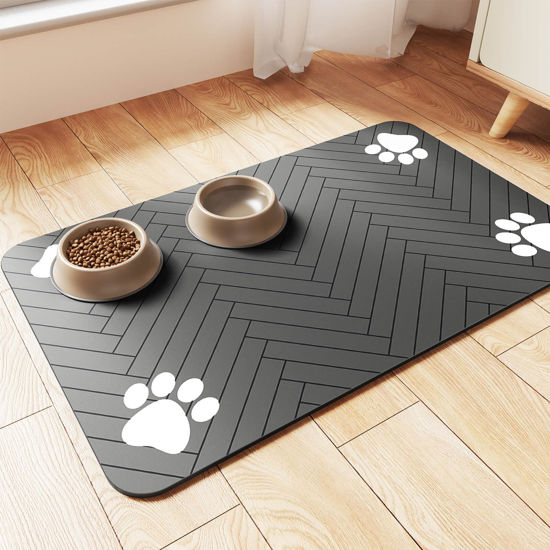 Picture of Pet Feeding Mat-Absorbent Pet Placemat for Food and Water Bowl, with Waterproof Rubber Backing, Quick Dry Water Dispenser Mat for Dog and Cat (16"x24", Striped Dark Gray)